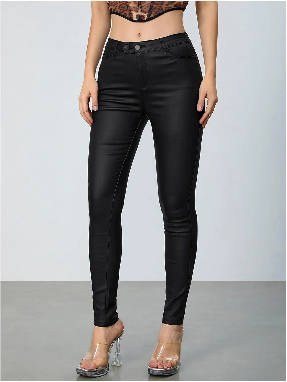 MakeMeChic Women's Faux Leather Stretch Skinny Pants High Waisted Double Button PU Leather Leggings Pants