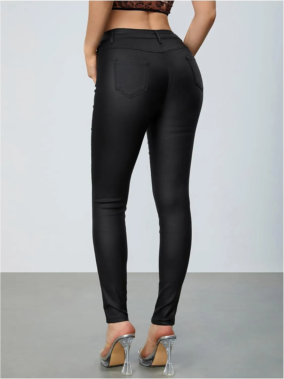 MakeMeChic Women's Faux Leather Stretch Skinny Pants High Waisted Double Button PU Leather Leggings Pants