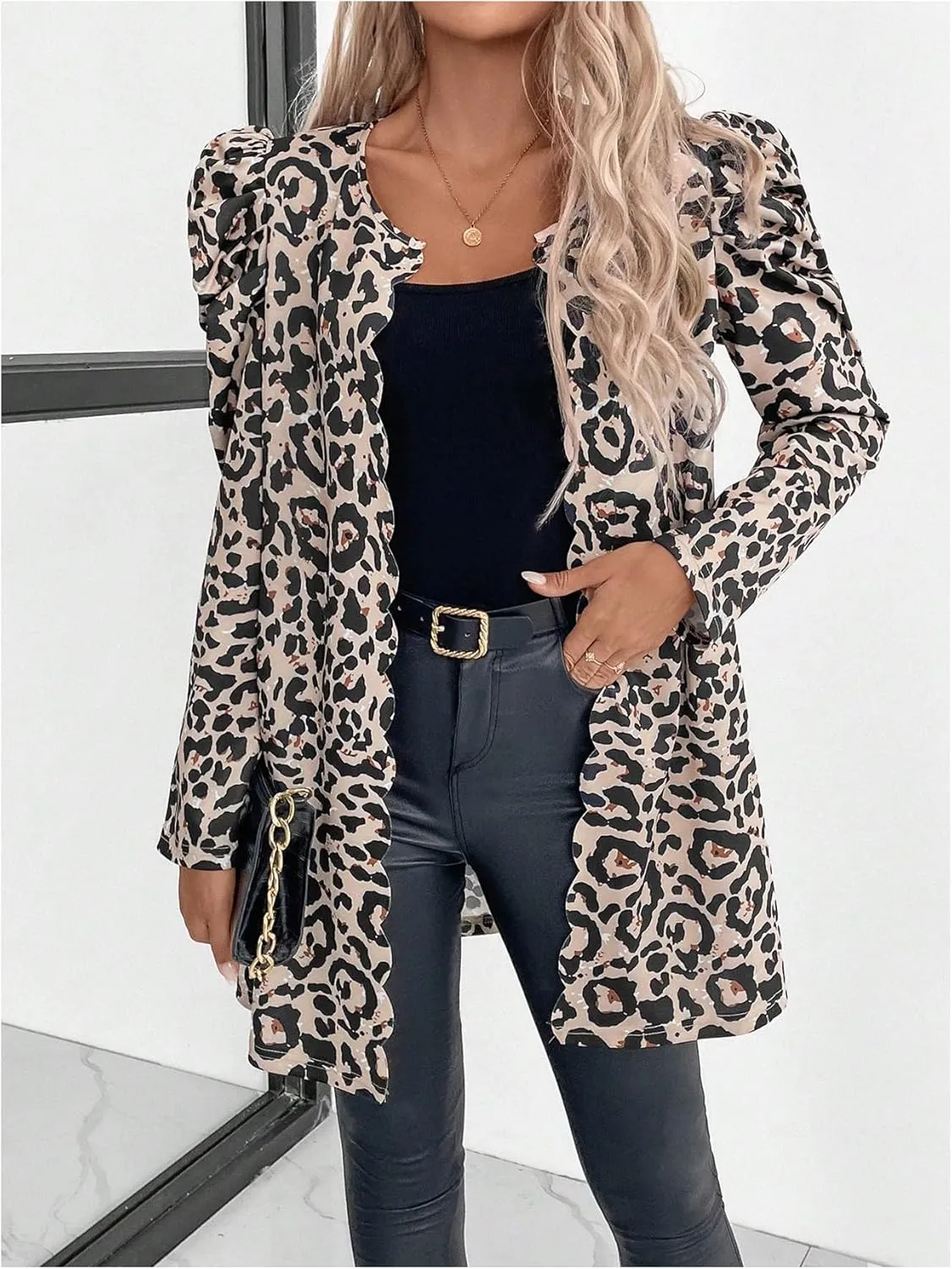 MakeMeChic Women's Leopard Print Puff Sleeve Jacket Blazer Open Front Scallop Trim Coat