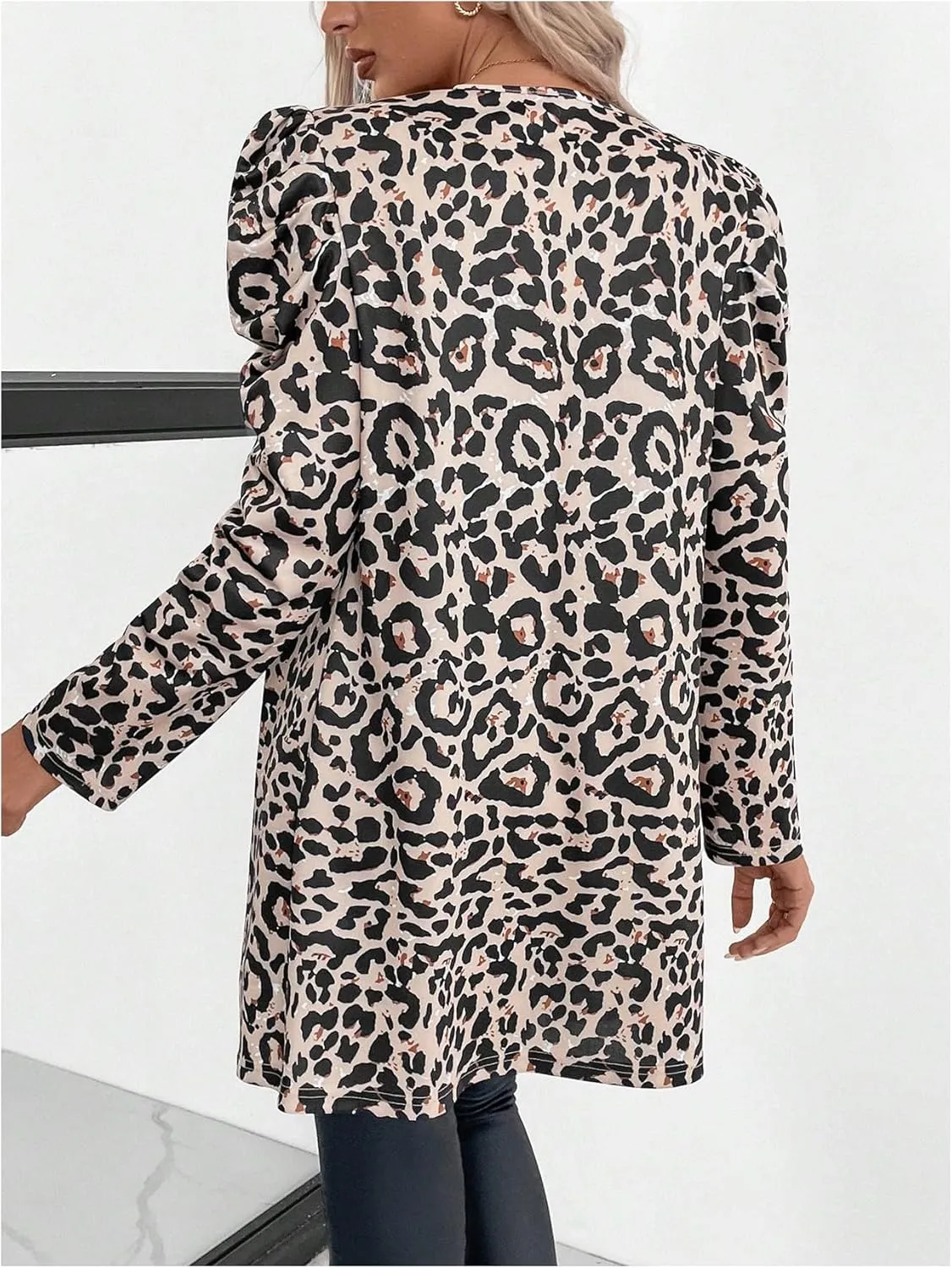 MakeMeChic Women's Leopard Print Puff Sleeve Jacket Blazer Open Front Scallop Trim Coat