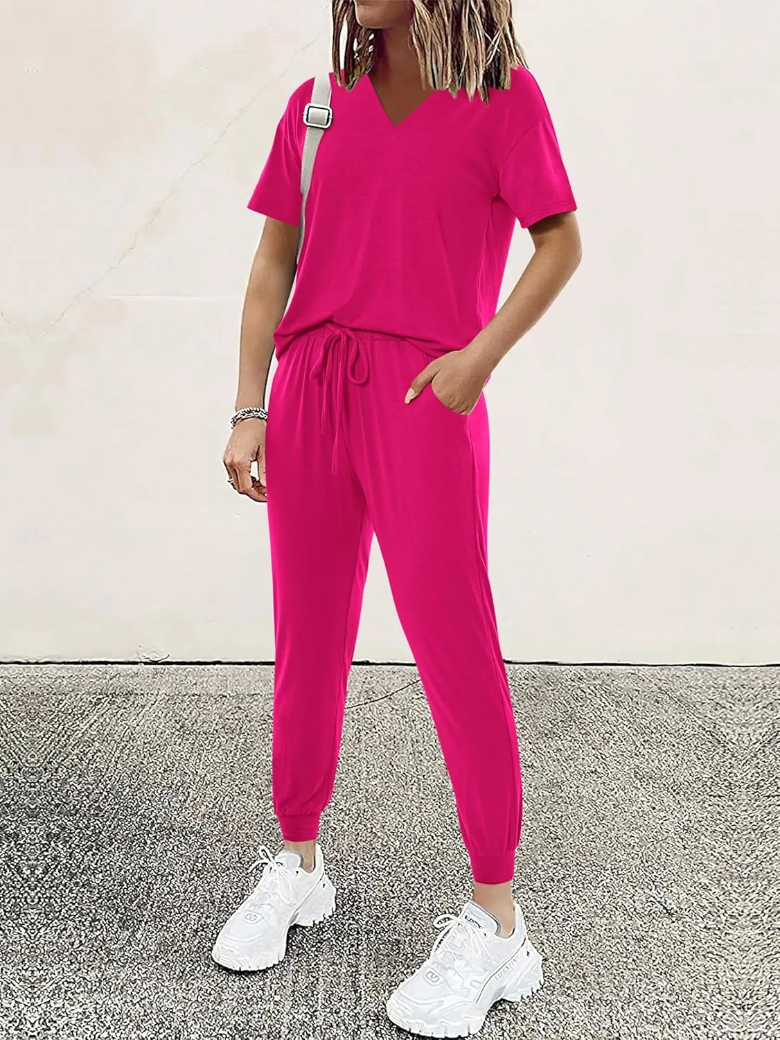 MASCOMODA Womens 2 Piece Outfits Summer Casual V Neck Short Sleeve Tops Long Pants Tracksuit Lounge Jogger Set with Pockets