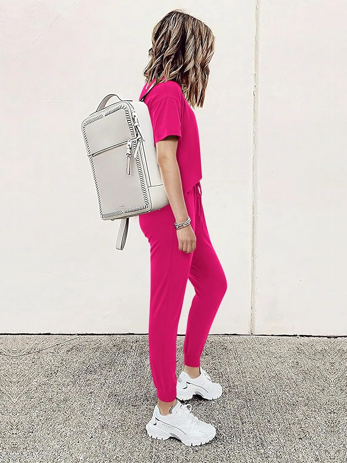MASCOMODA Womens 2 Piece Outfits Summer Casual V Neck Short Sleeve Tops Long Pants Tracksuit Lounge Jogger Set with Pockets