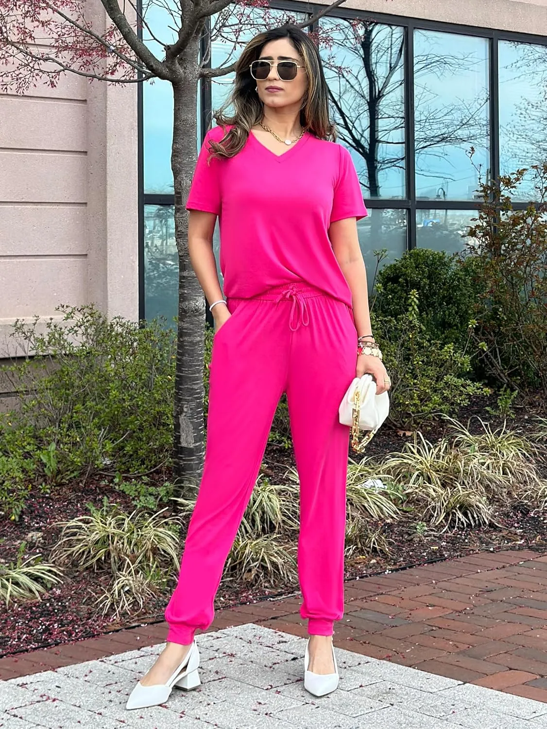 MASCOMODA Womens 2 Piece Outfits Summer Casual V Neck Short Sleeve Tops Long Pants Tracksuit Lounge Jogger Set with Pockets