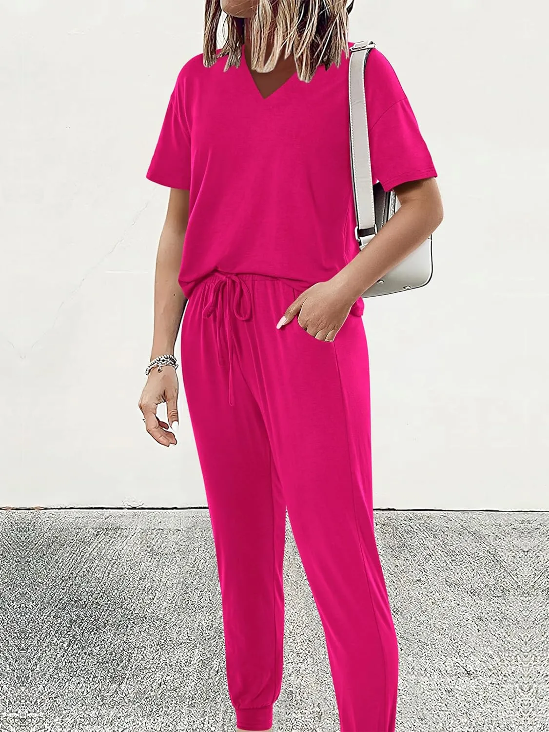 MASCOMODA Womens 2 Piece Outfits Summer Casual V Neck Short Sleeve Tops Long Pants Tracksuit Lounge Jogger Set with Pockets