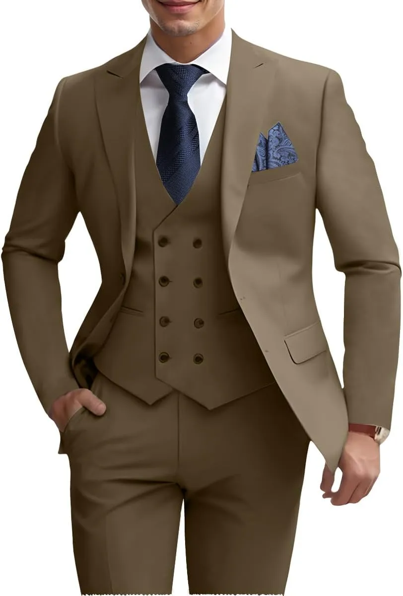 Mens 3 Piece Slim Fit Suit Set, Double Breasted Blazer Vest Pants Business Tuxedo Dress