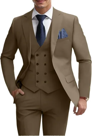 Mens 3 Piece Slim Fit Suit Set, Double Breasted Blazer Vest Pants Business Tuxedo Dress