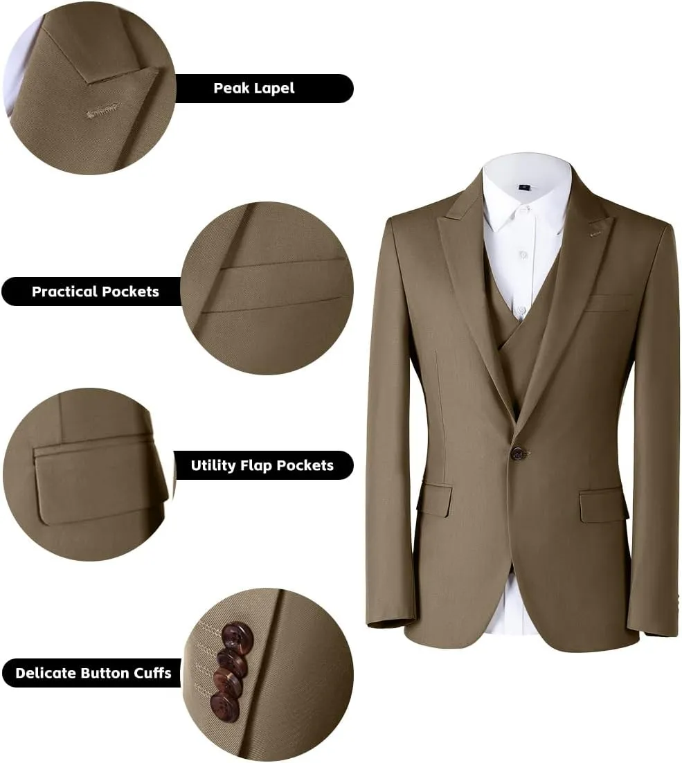 Mens 3 Piece Slim Fit Suit Set, Double Breasted Blazer Vest Pants Business Tuxedo Dress