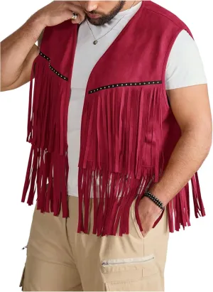 Men's Big and Tall Fringe Hem Sleeveless Vest Jacket 70s Hippie Faux Suede Western Cowboy Vest Waistcoat