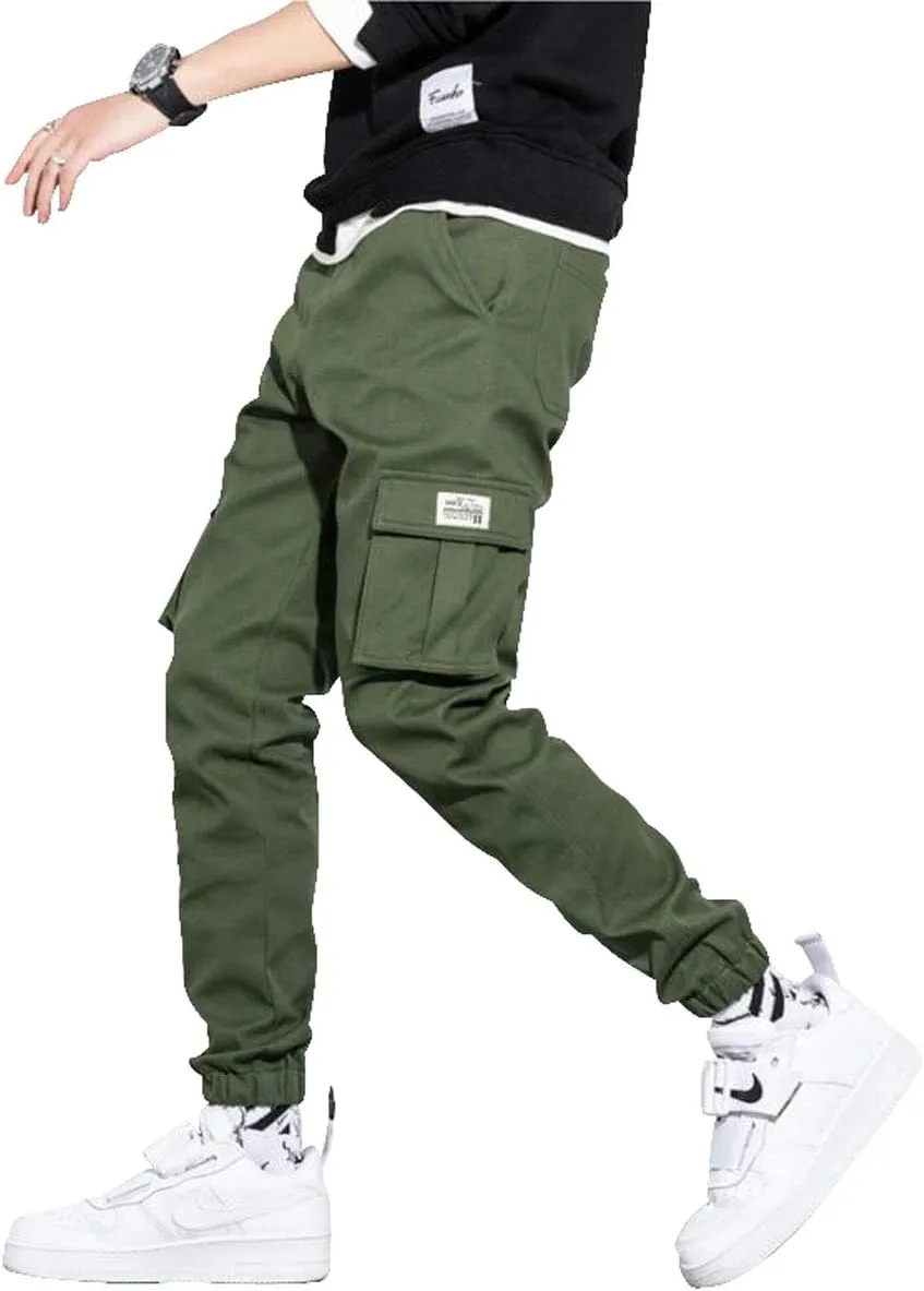 Men's Elastic Waist Multi-Pockets Cargo Jogger Pants Slim Fit Chino Trousers