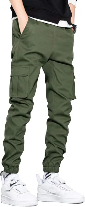 Men's Elastic Waist Multi-Pockets Cargo Jogger Pants Slim Fit Chino Trousers