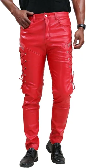 Men`s Rock Steampunk Lace Up PU Leather Pants Slim Fit