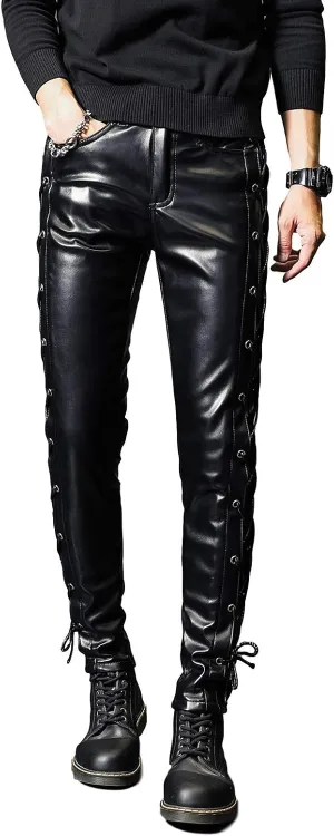 Men`s Rock Steampunk Lace Up PU Leather Pants Slim Fit