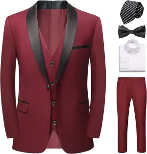 Mens Suit 3 Pieces Slim Fit Shawl Lapel Solid Tuxedo Blazer Vest Pants Shirt Bow Tie and Tie Prom Party Wedding Dinner