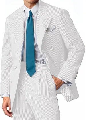 Mens Suit Summer Seersucker 2 Piece Double Breasted Buckle Striped Tuxedos for Men Wedding Suits Cotton Beach Party
