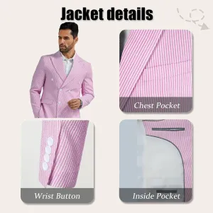 Mens Suit Summer Seersucker 2 Piece Double Breasted Buckle Striped Tuxedos for Men Wedding Suits Cotton Beach Party
