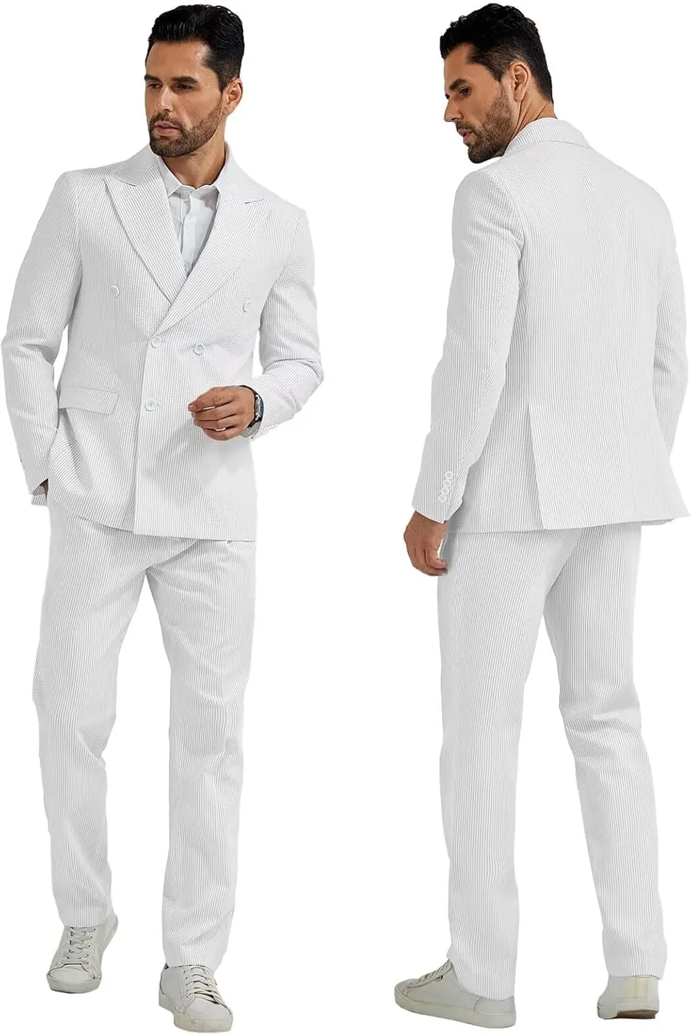 Mens Suit Summer Seersucker 2 Piece Double Breasted Buckle Striped Tuxedos for Men Wedding Suits Cotton Beach Party