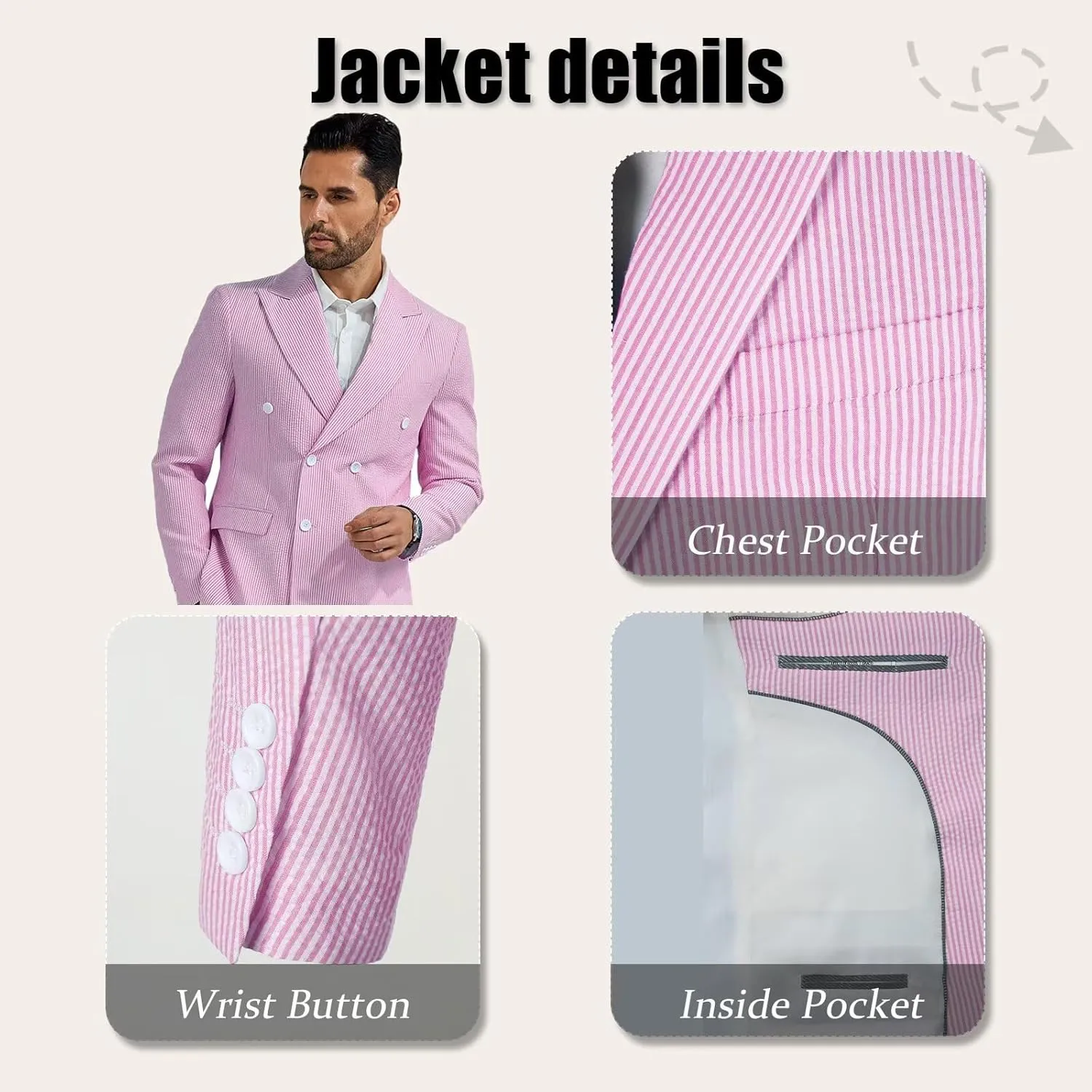 Mens Suit Summer Seersucker 2 Piece Double Breasted Buckle Striped Tuxedos for Men Wedding Suits Cotton Beach Party