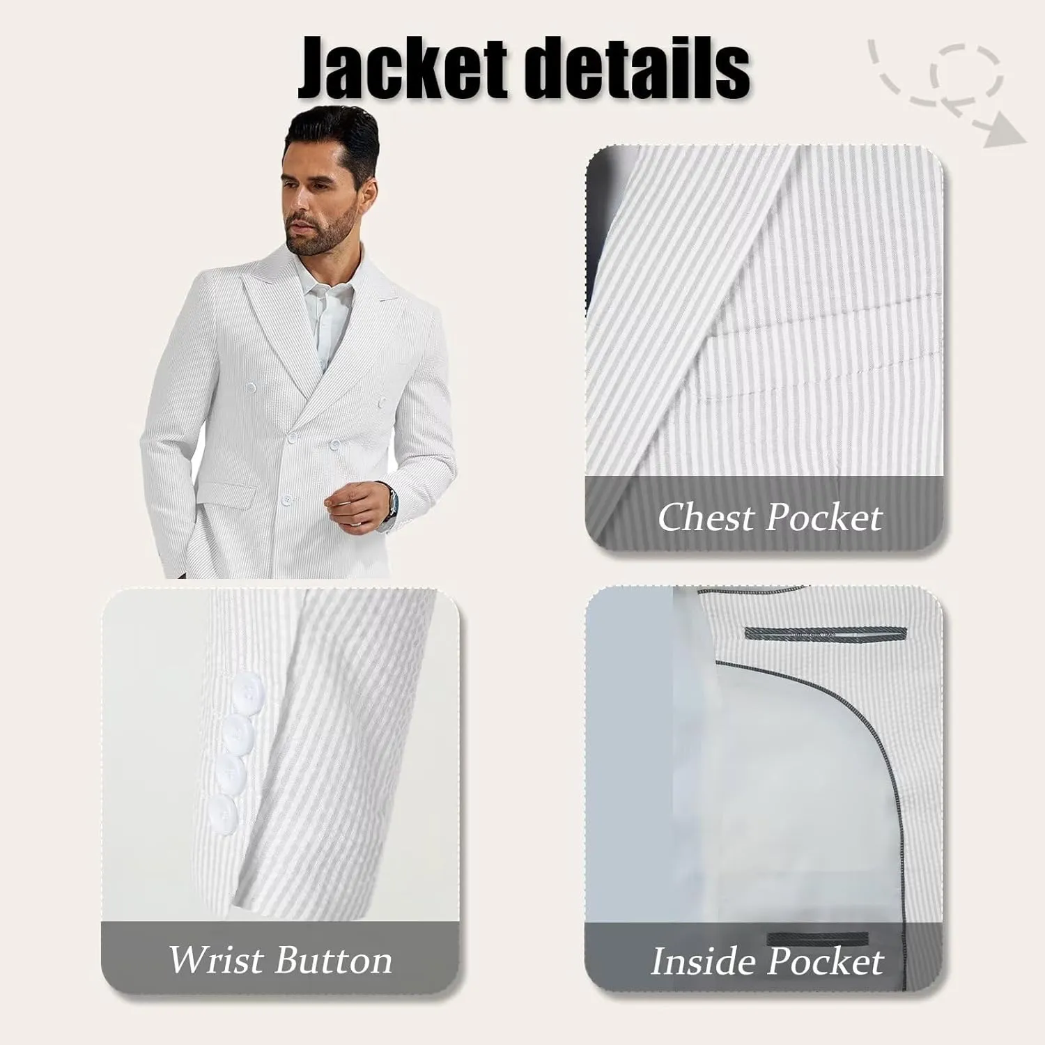Mens Suit Summer Seersucker 2 Piece Double Breasted Buckle Striped Tuxedos for Men Wedding Suits Cotton Beach Party