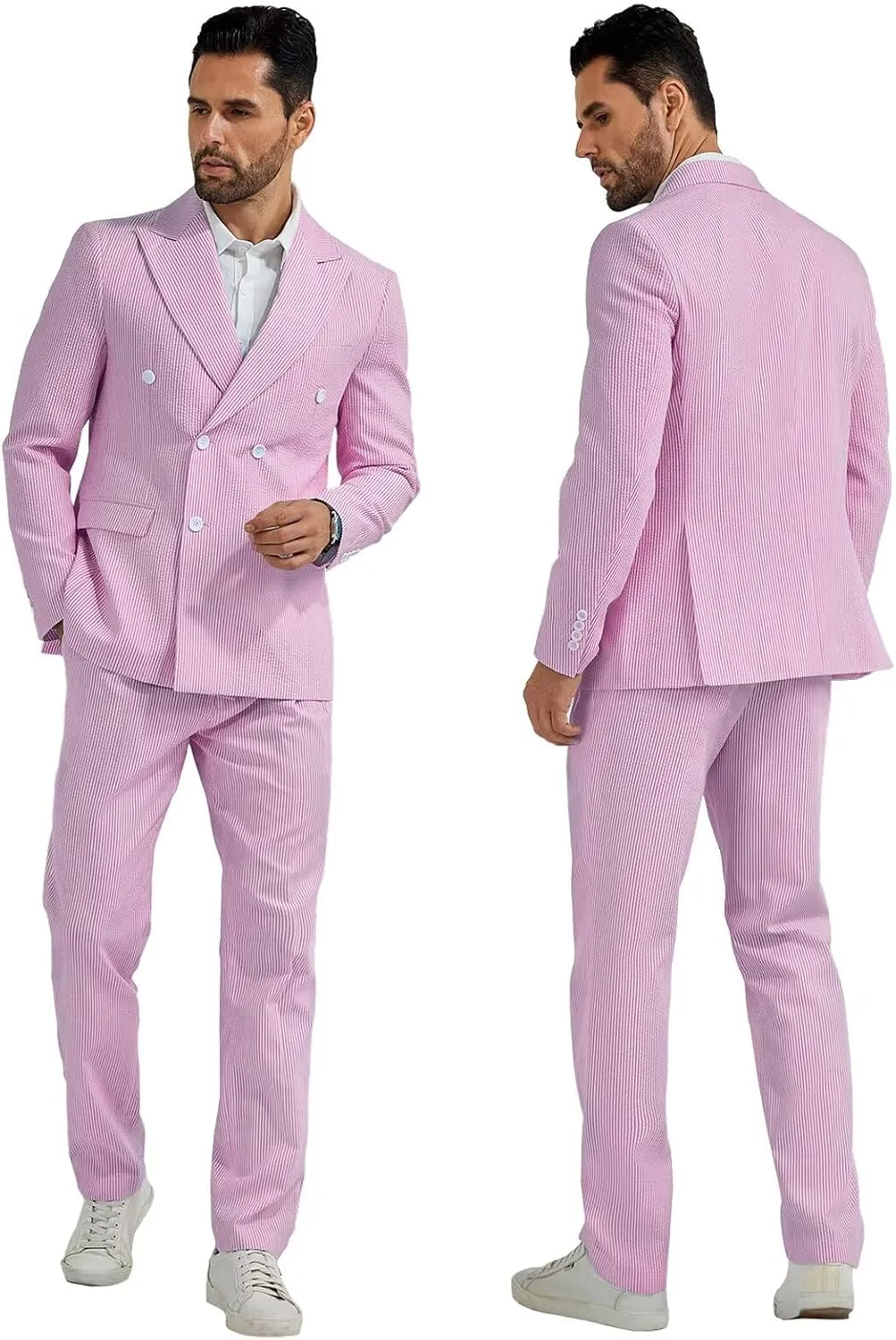 Mens Suit Summer Seersucker 2 Piece Double Breasted Buckle Striped Tuxedos for Men Wedding Suits Cotton Beach Party