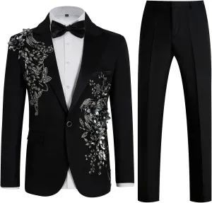 Mens Suits Slim Fit 2 Piece Formal Tuxedo Suits Blazer Pants with Bow Tie for Wedding Prom