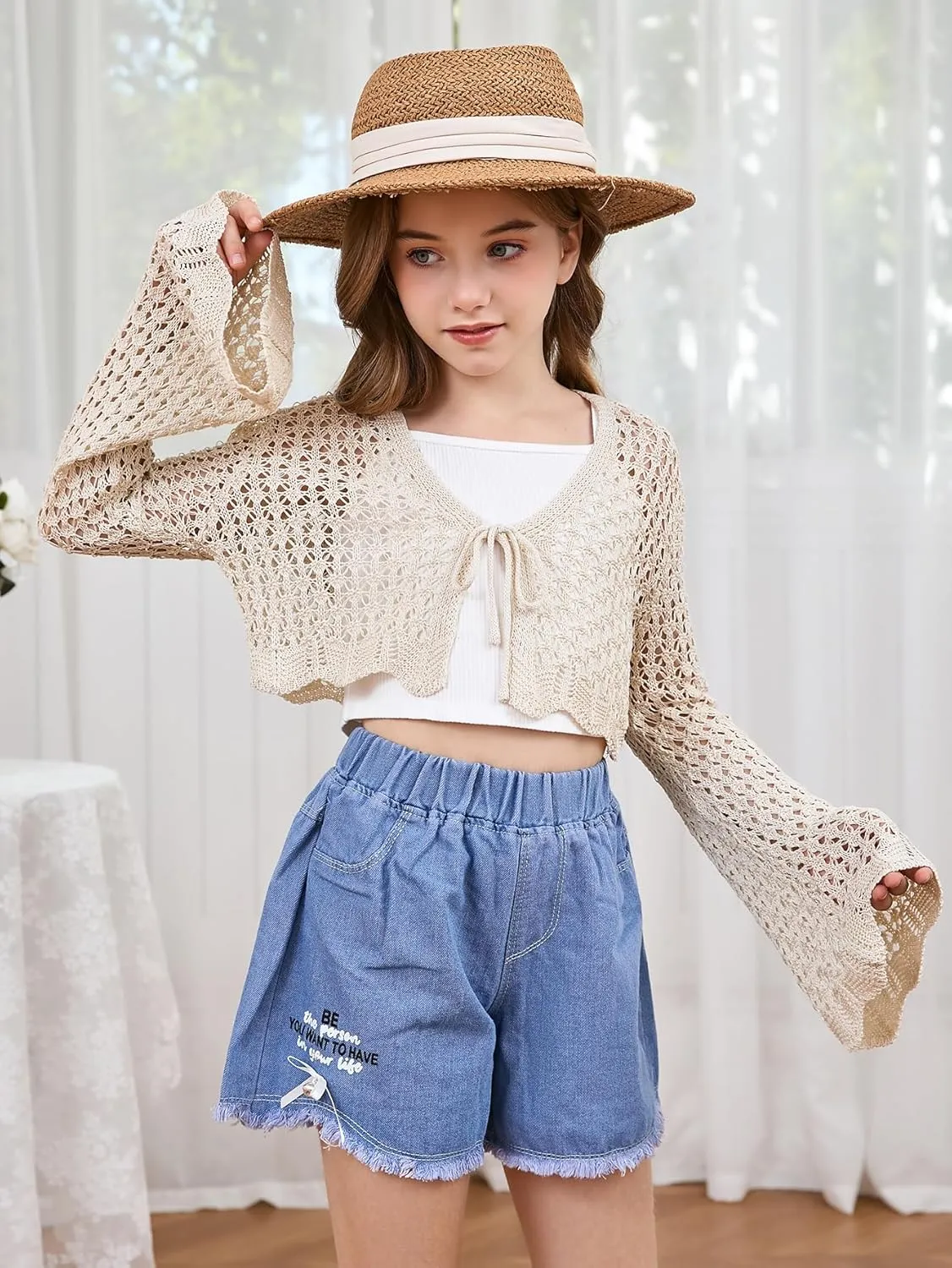 Milumia Girl's Tie Front Crochet Cardigan Hollow Out Long Sleeve Knit Crop Cover Up Top