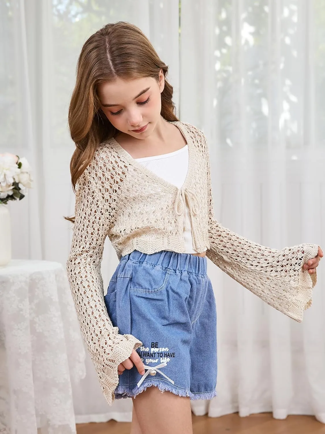 Milumia Girl's Tie Front Crochet Cardigan Hollow Out Long Sleeve Knit Crop Cover Up Top