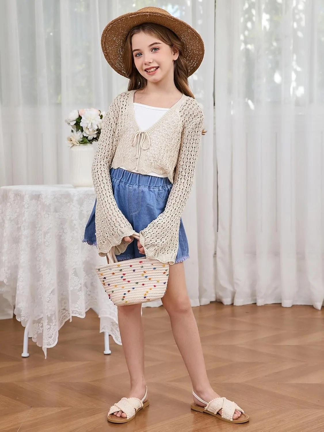 Milumia Girl's Tie Front Crochet Cardigan Hollow Out Long Sleeve Knit Crop Cover Up Top