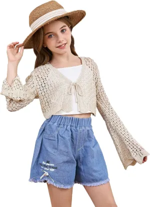Milumia Girl's Tie Front Crochet Cardigan Hollow Out Long Sleeve Knit Crop Cover Up Top