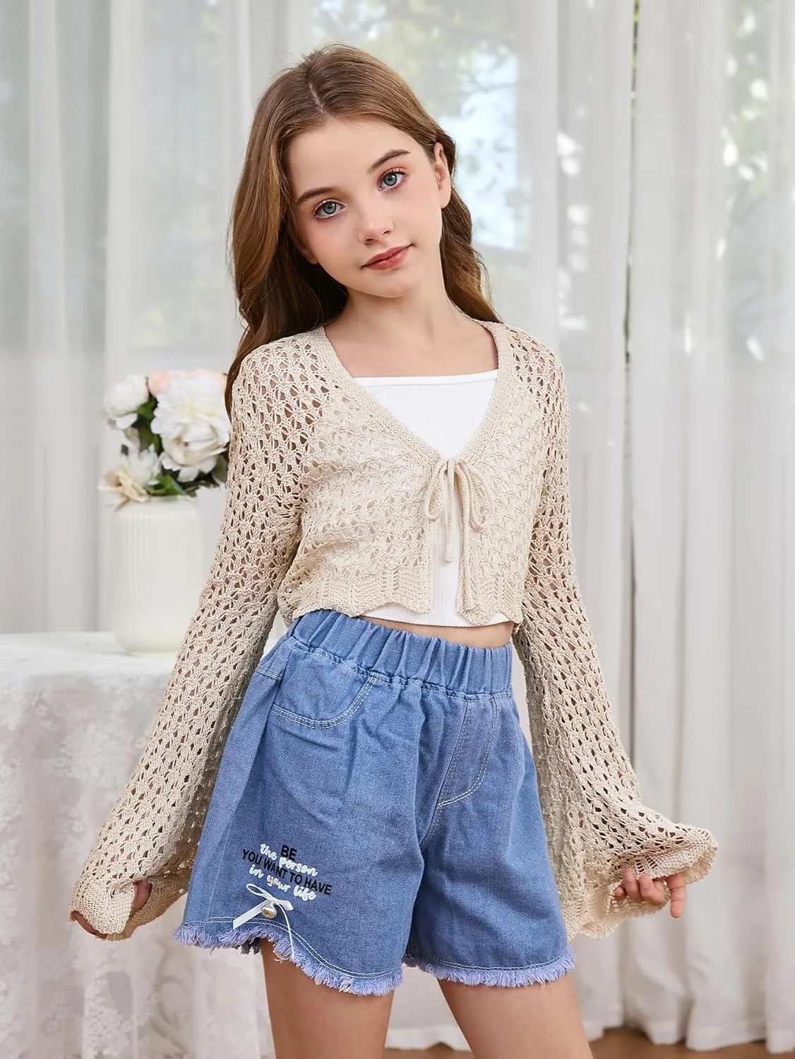 Milumia Girl's Tie Front Crochet Cardigan Hollow Out Long Sleeve Knit Crop Cover Up Top