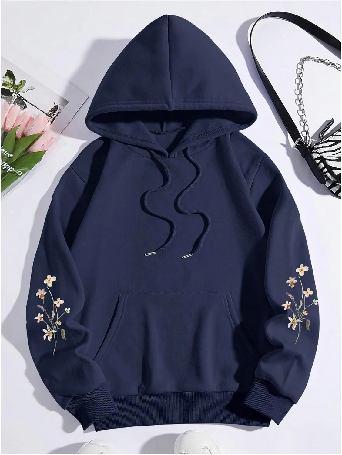Milumia Women's Floral Print Drawstring Hoodie Drop Shoulder Long Sleeve Pullover Sweatshirt