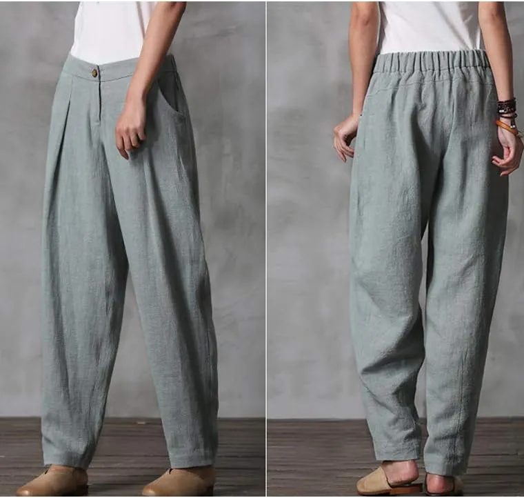 Minibee Women's Casual Linen Pants Elastic Waist Tapered Pants Trousers with Pockets