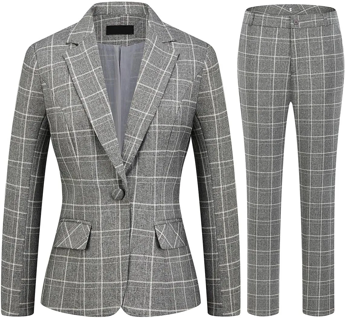 MODFUL Women's 2 Piece Business Plaid Suit Set Office One Button Slim Fit Blazer with Pant