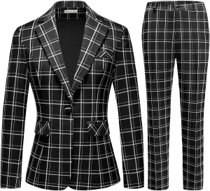 MODFUL Women's 2 Piece Business Plaid Suit Set Office One Button Slim Fit Blazer with Pant
