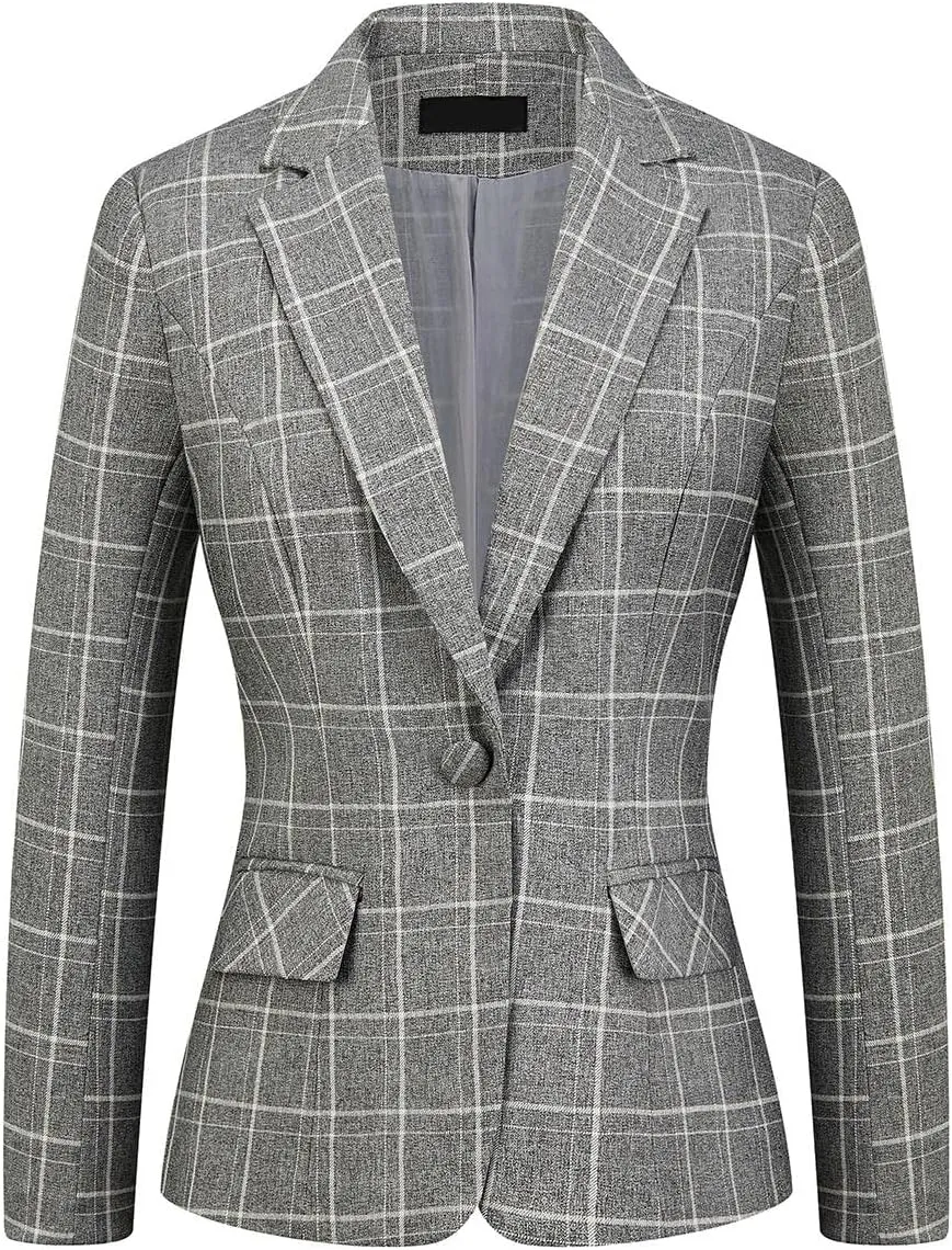 MODFUL Women's 2 Piece Business Plaid Suit Set Office One Button Slim Fit Blazer with Pant