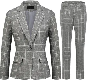 MODFUL Women's 2 Piece Business Plaid Suit Set Office One Button Slim Fit Blazer with Pant