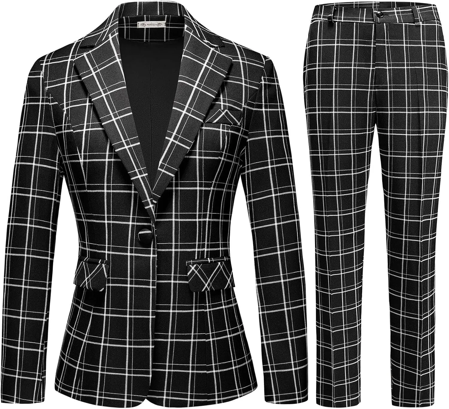 MODFUL Women's 2 Piece Business Plaid Suit Set Office One Button Slim Fit Blazer with Pant