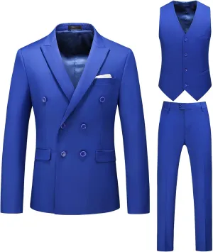 MOGU Mens 3 Piece Suit Double Breasted Slim Fit Tuxedo Solid Color Formal Dress for Party Wedding Prom