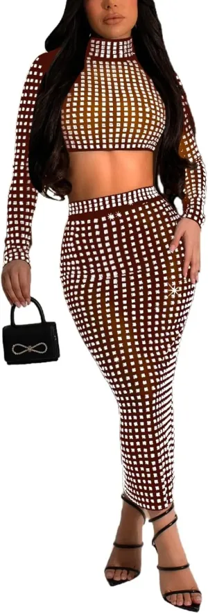 Molilove Womens 2 Piece Outfits Sexy Mesh Long Sleeve High Neck Crop Tops with High Waisted Pencil Skirt Set