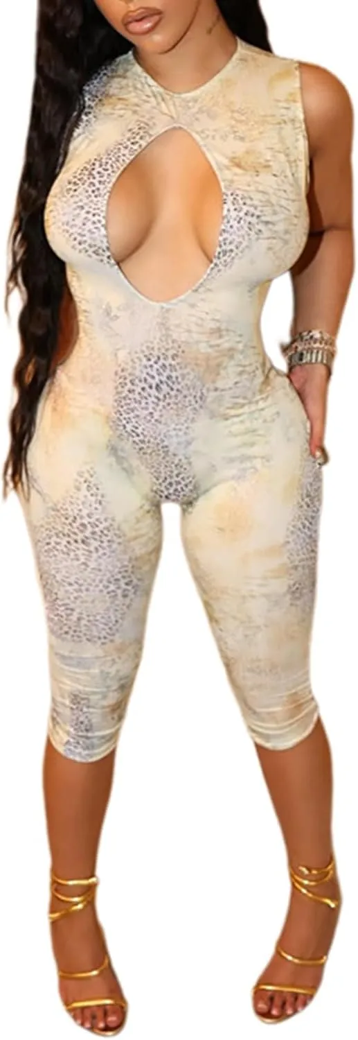 Molilove Womens Cheetah Print Jumpsuit Sexy Hollow Out Sleeveless Leopard Romper Y2K Bodycon One Piece Outfits Summer