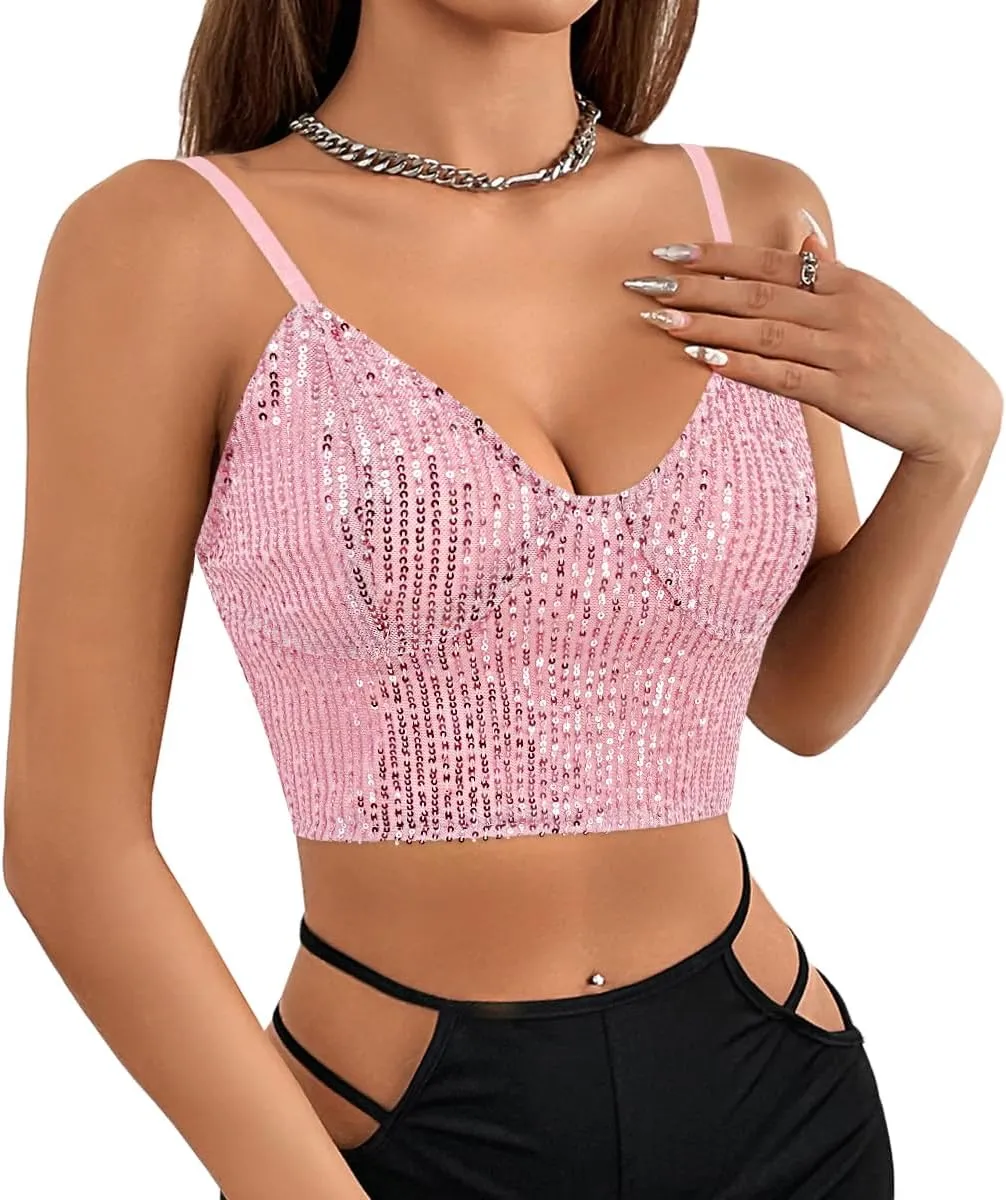 Naimo Women's Sparkle Sequin Crop Top Sleeveless V Neck Spaghetti Strap Tank Tops Vest Party Rave Shimmer Camisole