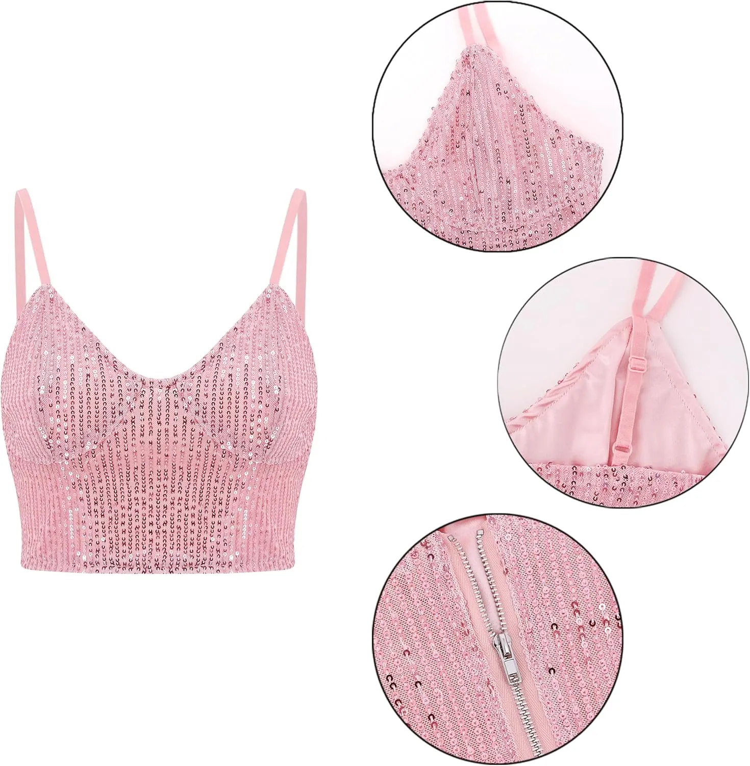 Naimo Women's Sparkle Sequin Crop Top Sleeveless V Neck Spaghetti Strap Tank Tops Vest Party Rave Shimmer Camisole