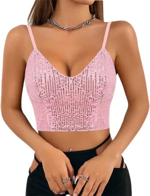 Naimo Women's Sparkle Sequin Crop Top Sleeveless V Neck Spaghetti Strap Tank Tops Vest Party Rave Shimmer Camisole
