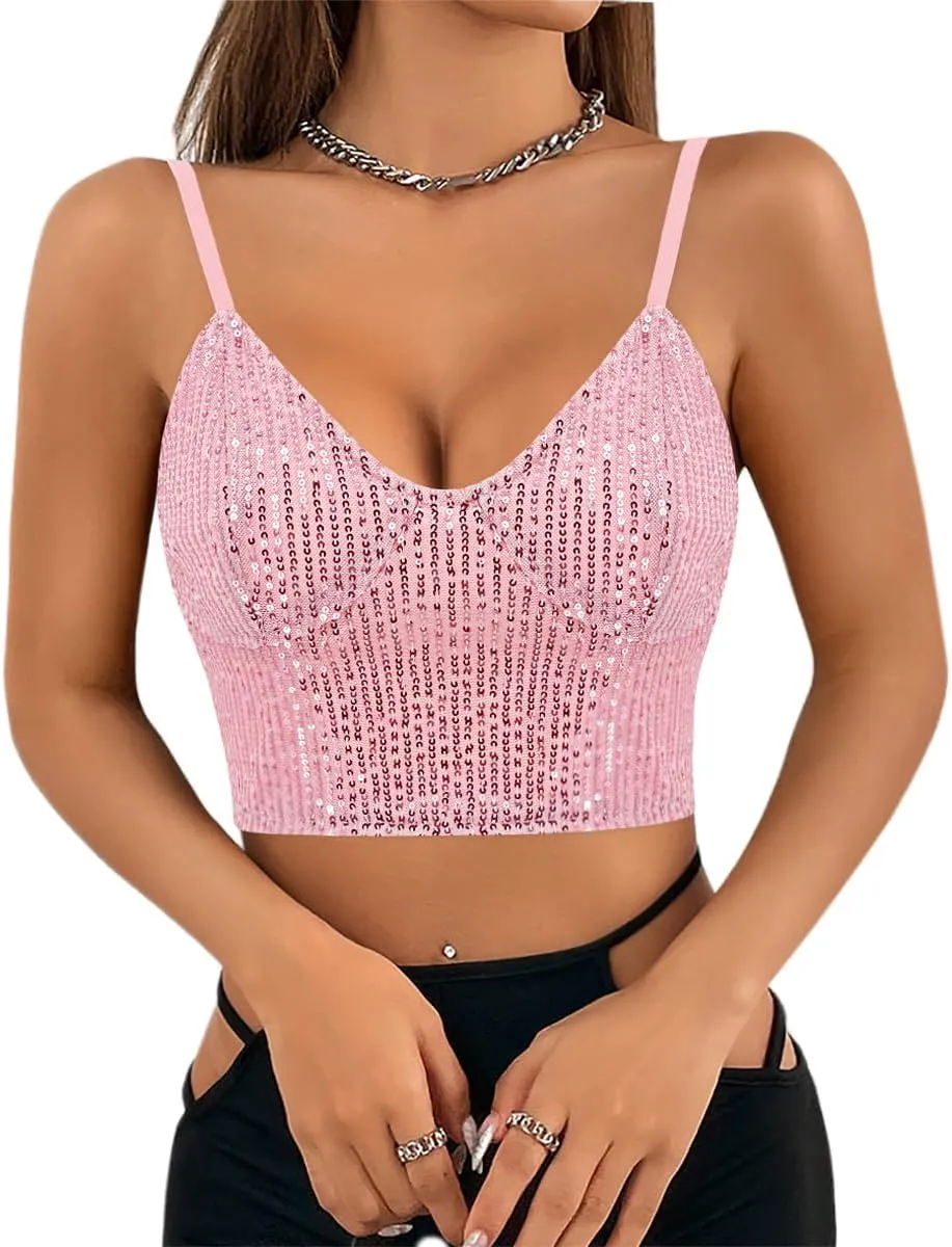 Naimo Women's Sparkle Sequin Crop Top Sleeveless V Neck Spaghetti Strap Tank Tops Vest Party Rave Shimmer Camisole