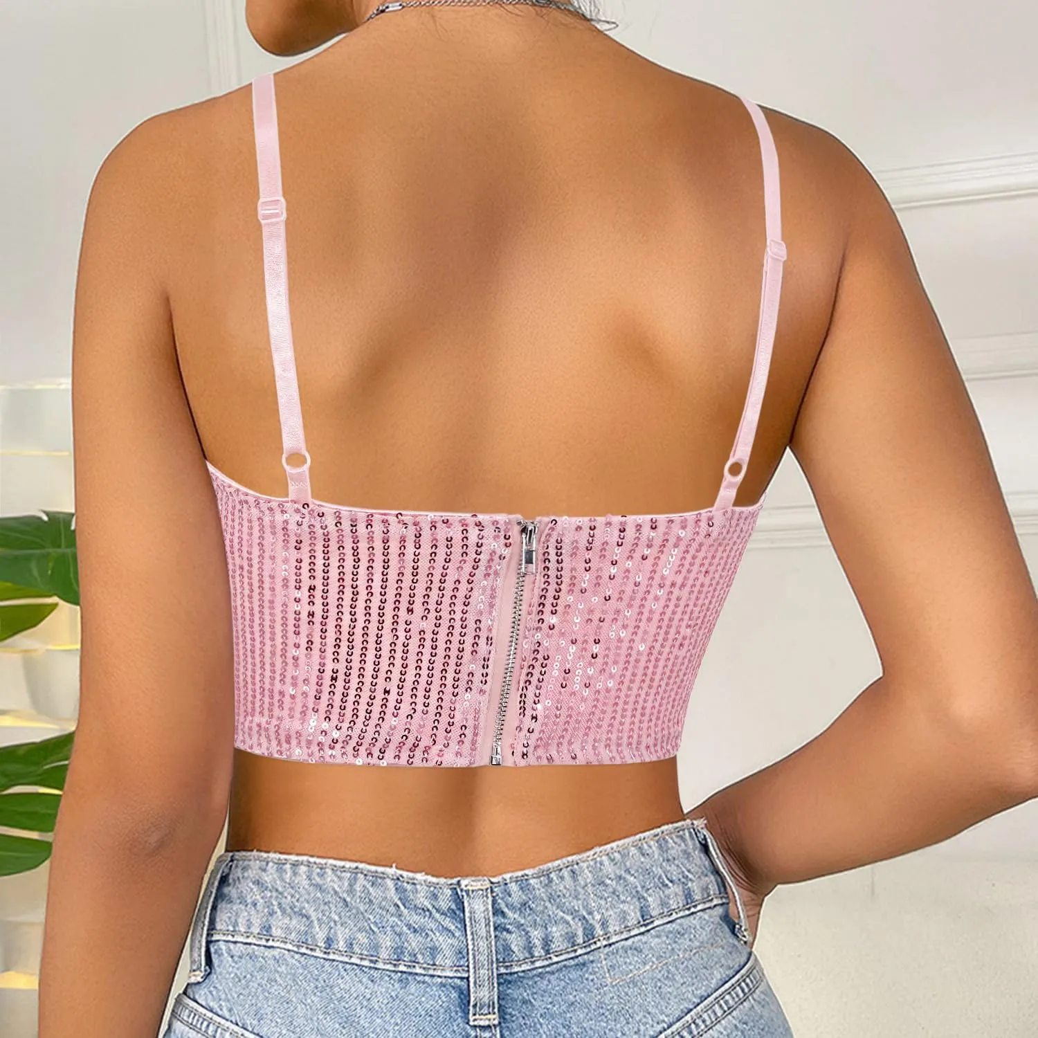 Naimo Women's Sparkle Sequin Crop Top Sleeveless V Neck Spaghetti Strap Tank Tops Vest Party Rave Shimmer Camisole