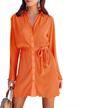 Neufigr Shirt Dresses for Women Summer Dresses Vneck Long Sleeve Mini Button Down Dress Casual Ruffle Tunic Tops with Belt