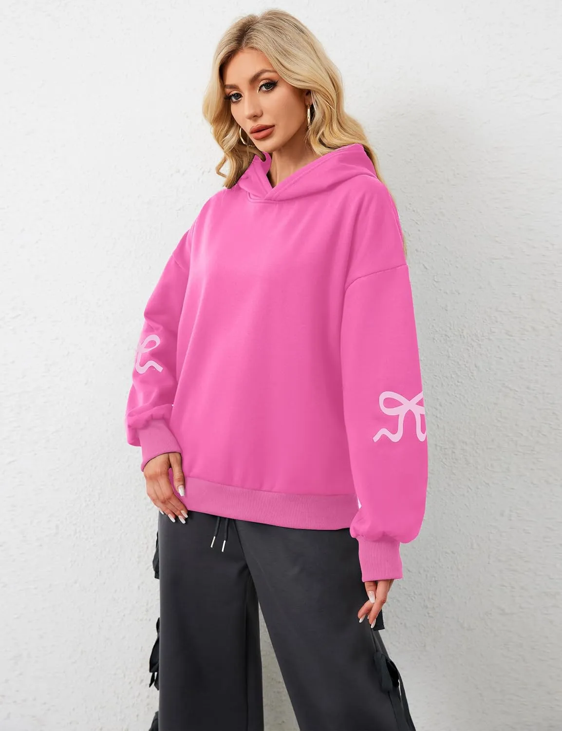 OLAPTA Women Oversized Bow Trim Print Hoodies Long Sleeve Fleeced Casual Graphic Pullover Trendy Fall Hooded Sweatshirts Top