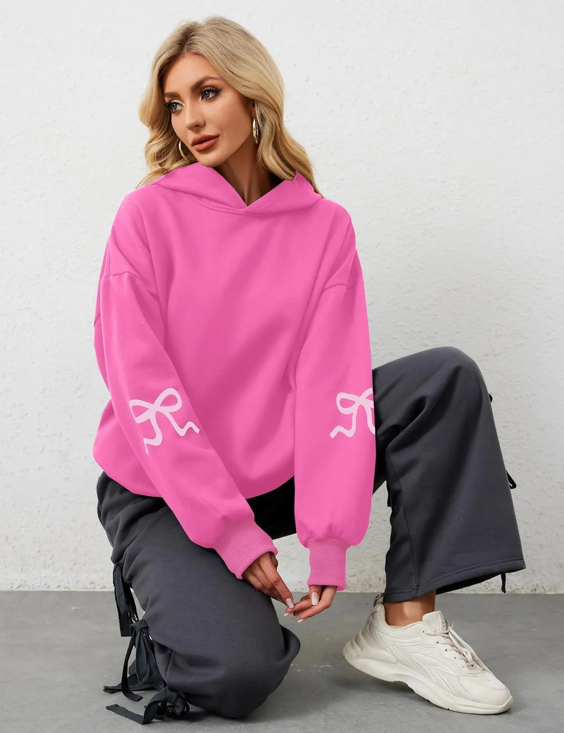 OLAPTA Women Oversized Bow Trim Print Hoodies Long Sleeve Fleeced Casual Graphic Pullover Trendy Fall Hooded Sweatshirts Top