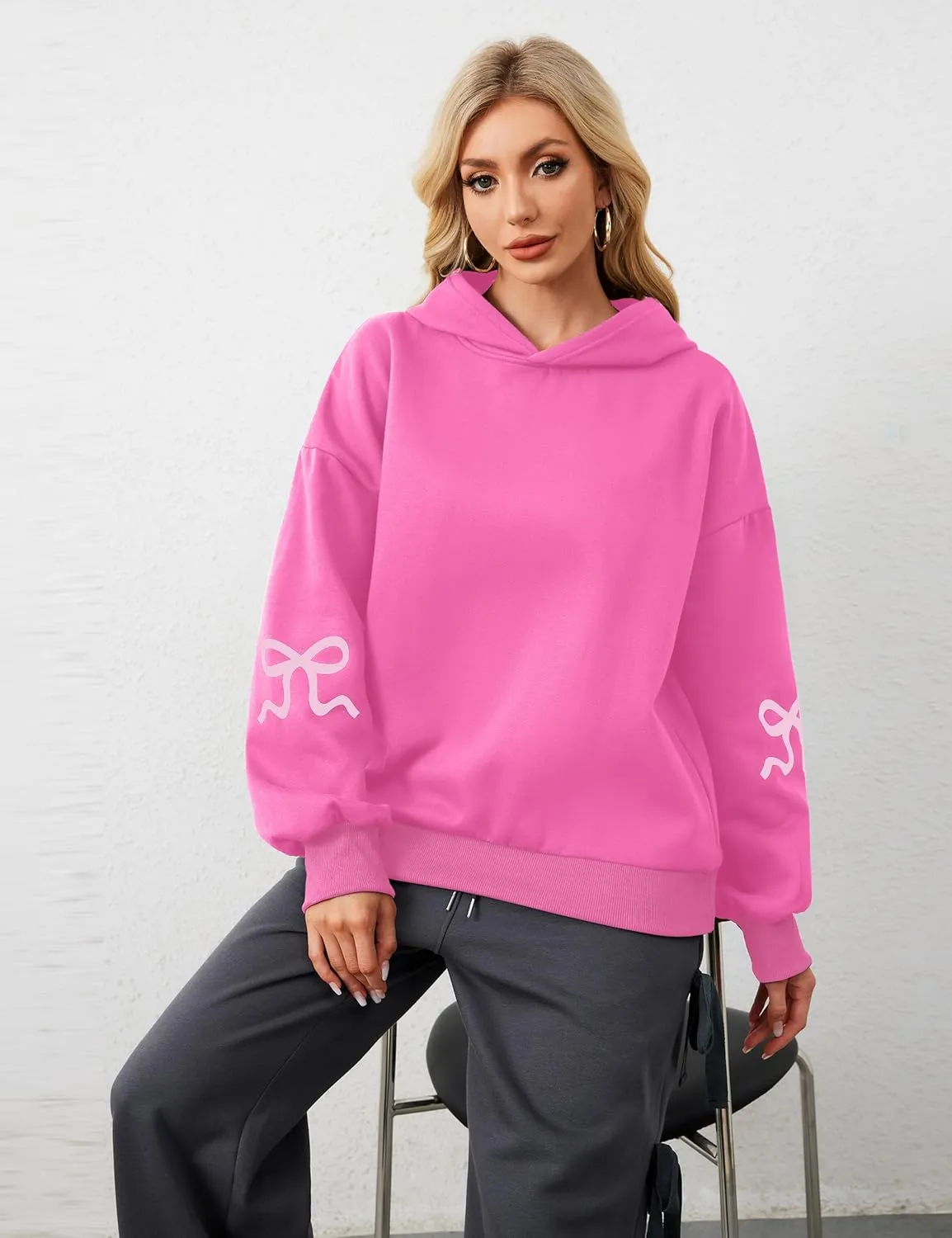 OLAPTA Women Oversized Bow Trim Print Hoodies Long Sleeve Fleeced Casual Graphic Pullover Trendy Fall Hooded Sweatshirts Top