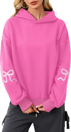 OLAPTA Women Oversized Bow Trim Print Hoodies Long Sleeve Fleeced Casual Graphic Pullover Trendy Fall Hooded Sweatshirts Top