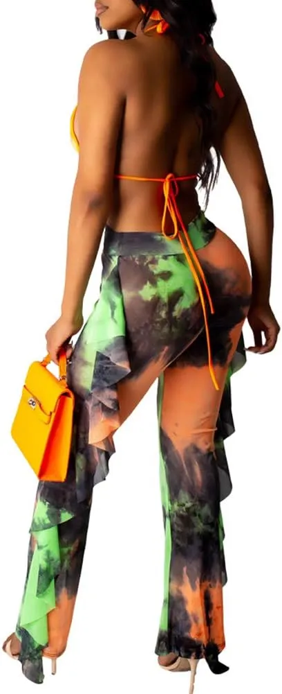 Ophestin Womens Sexy Halter Sheer Bikini Ruffle Long Pants Set 2 Piece Swimsuit